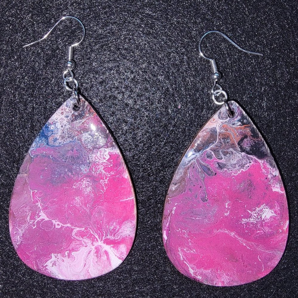 Paint Pour Earrings - Lightweight Hand Painted Wooden Resin Coated Wearable Art